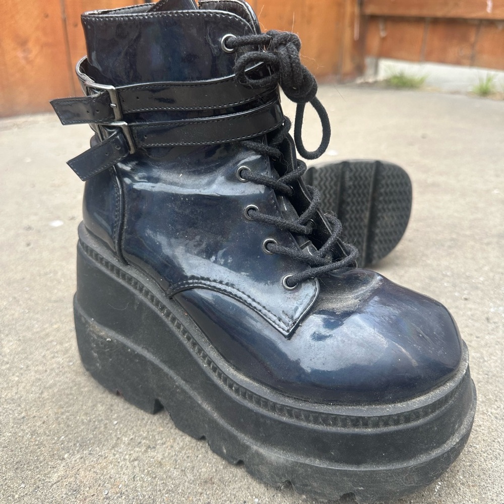 Demonia Shaker Reflective Platform Ankle Boots